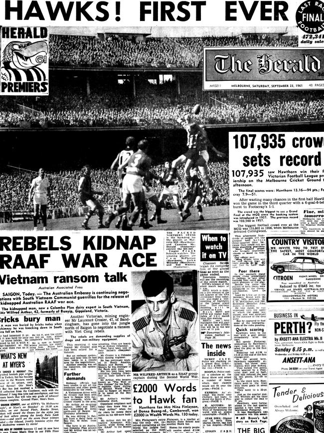 The <i>Herald’s</i> front page marks Hawthorn’s breakthrough flag in 1961. Picture: HWT