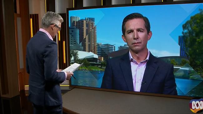 ABC journalist David Speers speaks to Minister Finance Simon Birmingham on Insiders. Picture: ABC