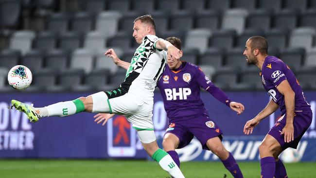 Goalscorer Besart Berisha controls the ball in Western United’s 2-0 win over Perth Glory. Picture: Cameron Spencer/Getty Images