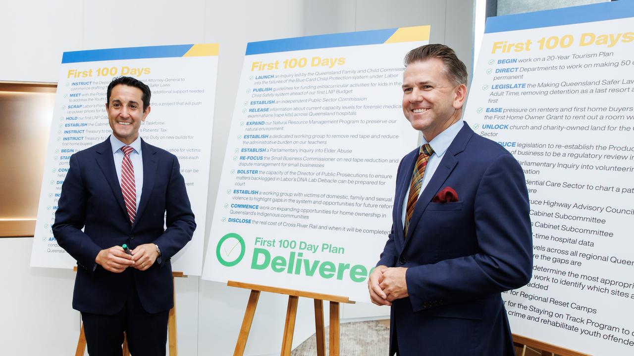 Premier David Crisafulli and Deputy Premier Jarrod Bleijie spruik their 100 days of results at William street on Sunday. Picture Lachie Millard