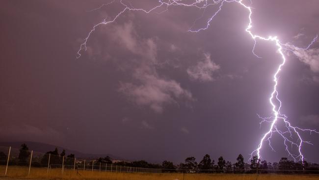 Lightning near Hobart Airport photographed on the morning of January 31, 2019. Picture: Robbie Moles