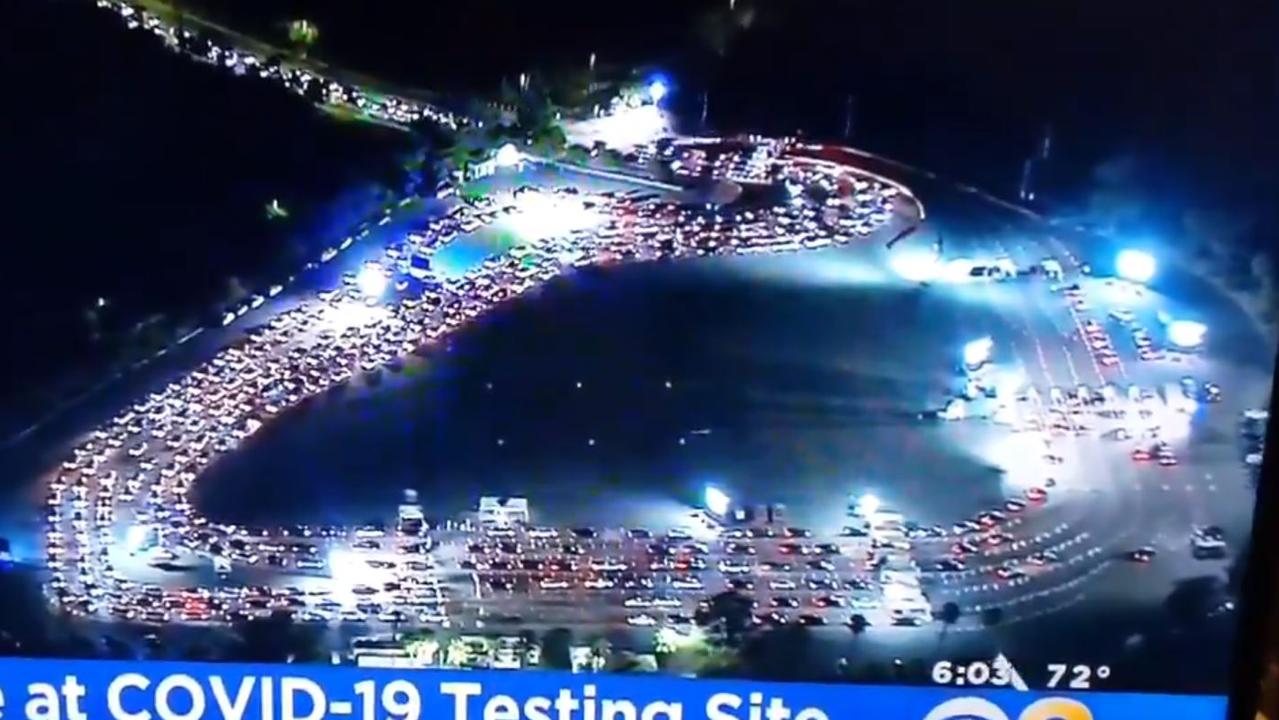 Cars line up for coronavirus testing at Dodger Stadium in Los Angeles.