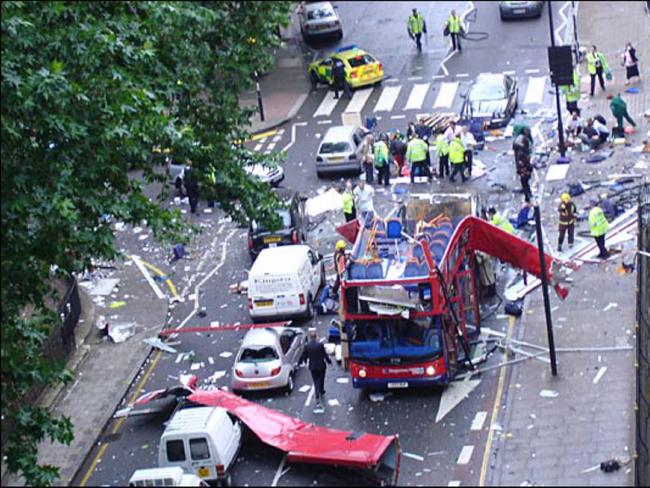 The wreckage of a London bus which was destroyed in the 2005 terror attacks by a TATP bomb. Picture: Matt/Taylor