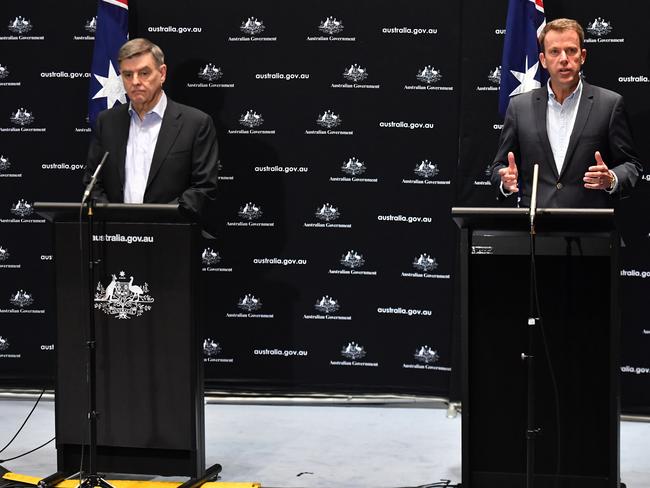 Chief Medical Officer Professor Brendan Murphy and Minister for Education Dan Tehan speak to the media at a press conference at Parliament House in Canberra. Picture: AAP