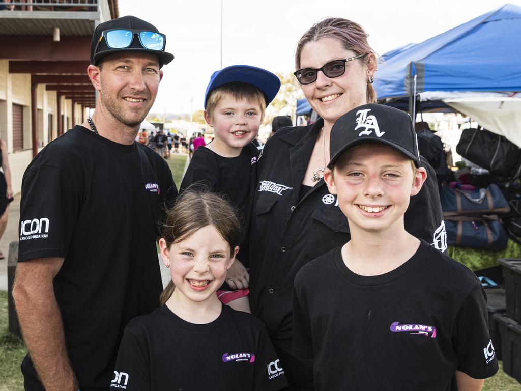 Camber and Vicki Kiraly with their kids (from left) Bella, Kiarra and Cruize at Lights on the Hill Trucking Memorial at Gatton Showgrounds, Saturday, October 5, 2024. Picture: Kevin Farmer