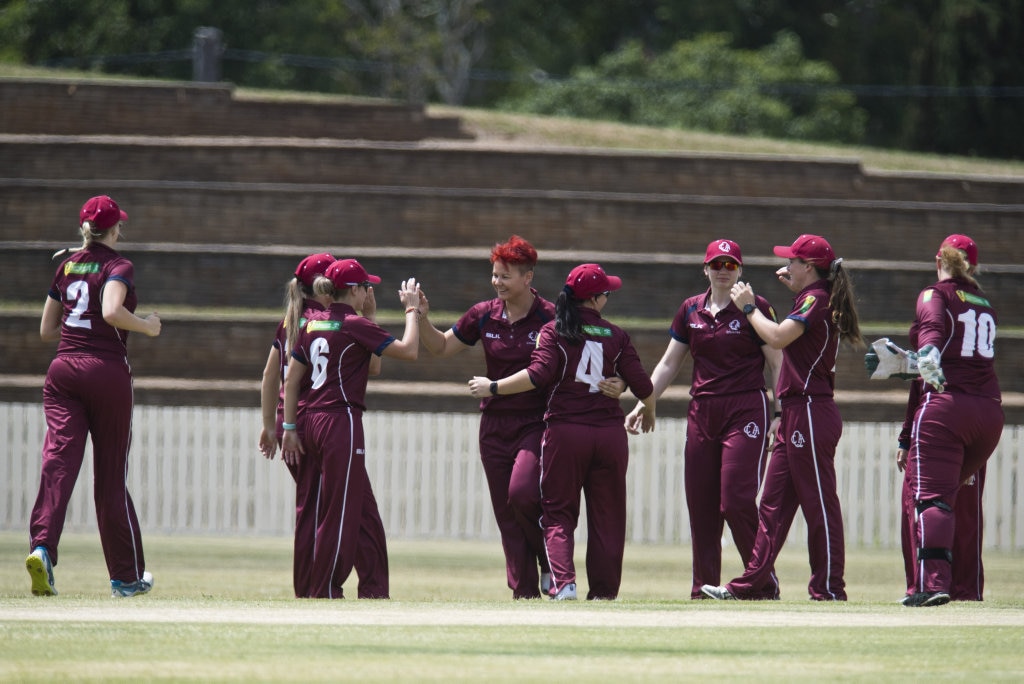 Queensland celebrate the dismissal of Western Australia's Georgie Middleton, bowled by Lexie Muller (centre), in Australian Country Cricket Championships women's division round four at Heritage Oval, Tuesday, January 7, 2020. Picture: Kevin Farmer