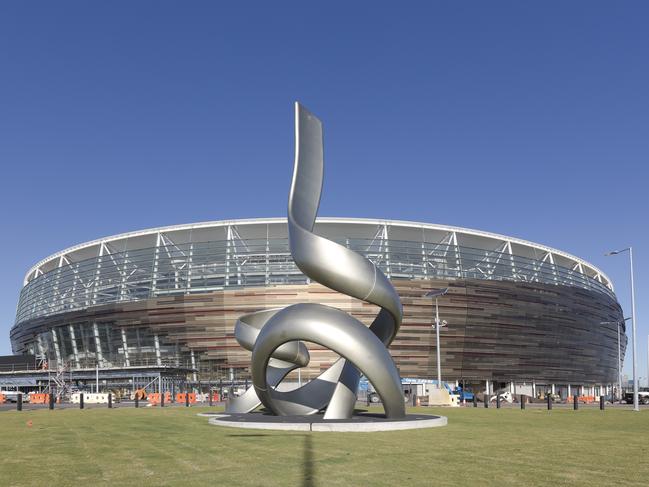 Perth Stadium and in foreground artist Jon Tarry's sculpture Convergence(singular, Convergence)