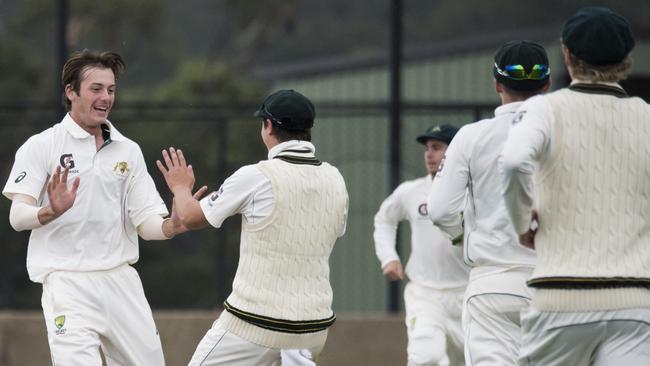 Zak Evans celebrates a wicket with Australian under-19 teammates. Picture: Cricket Australia.