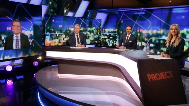 Peter Helliar (second left) has apologised for comments made on The Project about Heritier Lumumba. Also pictured is Steve Price, Waleed Aly and Carrie Bickmore.