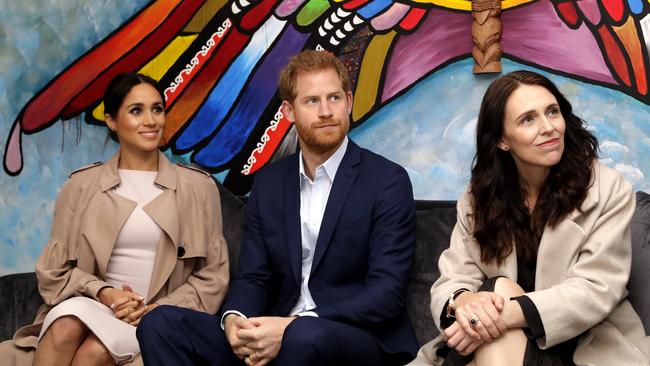 Harry and Meghan with Prime Minister Jacinda Ardern. Picture: AP