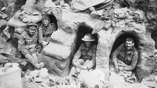 Men of the 15th Battalion Australian Imperial Force in dugouts at Gallipoli.