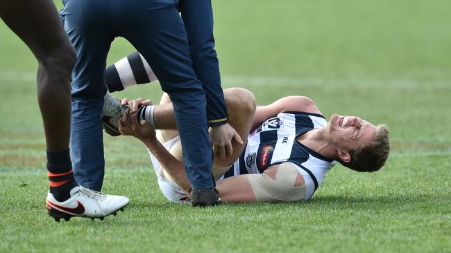 Nathan Vardy was stretchered off in the VFL after suffering what appeared to be a serious ankle injury. Picture: Nigel Hallett