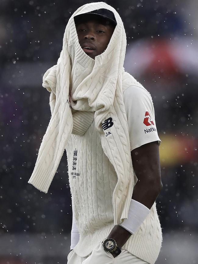 Archer as the rain set in at Old Trafford. Picture: Getty Images