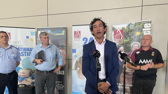 Minister Police and Corrective Services Mark Ryan (second left) joined Assistant Commissioner and Youth Crime Taskforce Commander George Marchesini (far left) Johnathan Thurston, and Mulgrave MP Curtis Pitt at the PCYC announcement. Picture: Alison Paterson