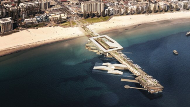 Artist's impressions of a proposed Glenelg Jetty redevelopment by design firm Mott MacDonald, including new hotel to be built overlooking the water - aerial view