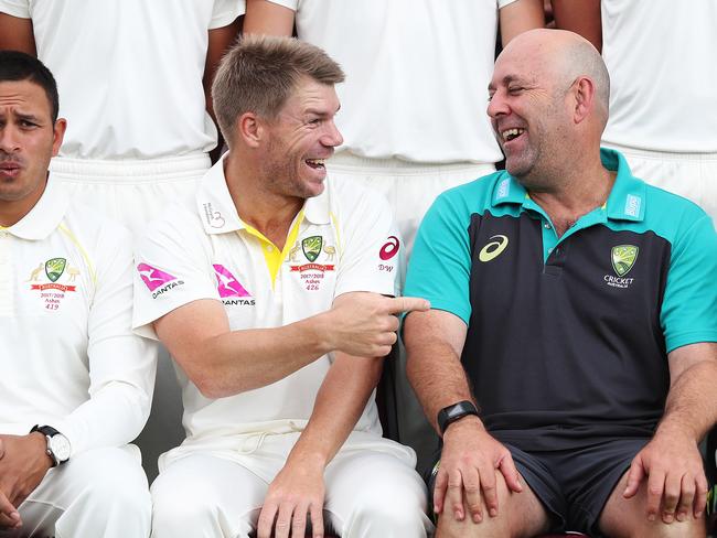 David Warner and coach Darren Lehmann ahead of the Ashes test. Picture: Brett Costello.
