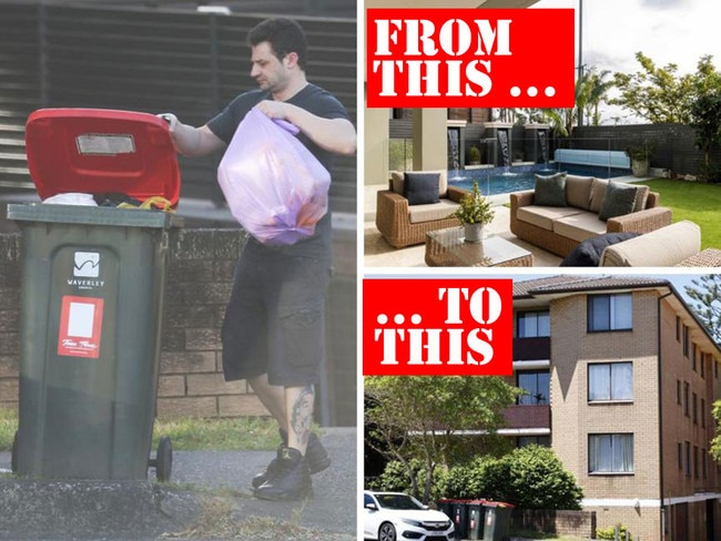 Anthony Koletti takes out the grabag, left, at his new simple home in Vaculuse, bottom right. The digs are a far cry from the mansion top right, he shared with conwoman wife Melissa Caddick, top right. Pictures: John Grainger/Supplied