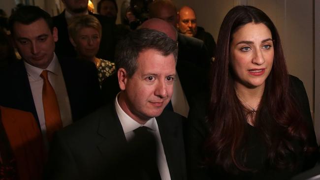 Chris Leslie and Luciana Berger last night after announcing they and five other MPs were leaving the British Labour Party. Picture: AFP