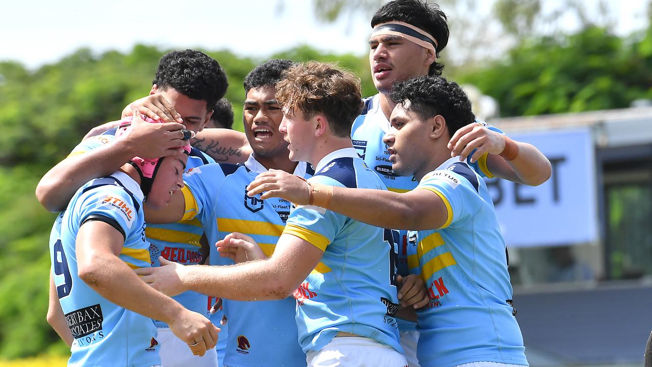 Norths Devils players celebrate a try Norths Devils v Redcliffe Dolphins in Meninga Cup Sunday March 27, 2022. Picture, John Gass