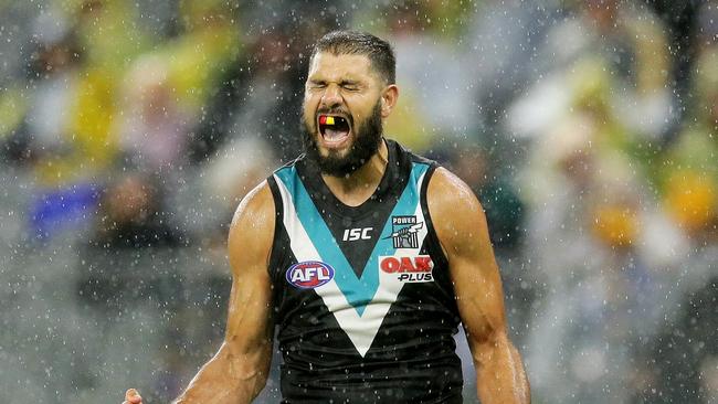 Paddy Ryder celebrates a goal in Port Adelaide’s win over West Coast in Perth. Picture: Will Russell.