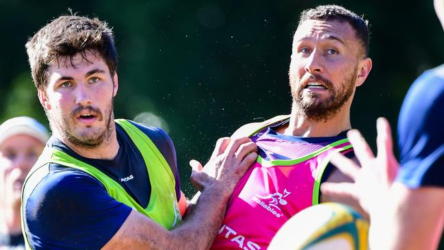 The Qantas Wallabies train at Wests Bulldogs Rugby Union Club, Brisbane. Liam Wright and Quade Cooper. Photo: Rugby AU Media/Stuart Walmsley