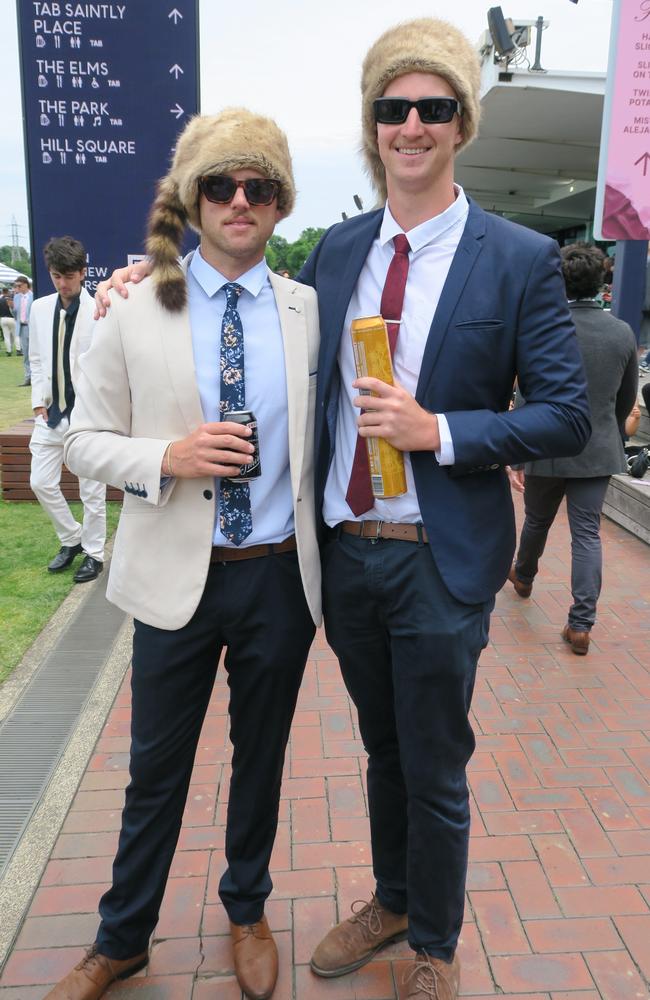 Hayden Scurr and Mason Hilyard at Seppelt Wines Stakes Day 2024 at Flemington Racecourse. Picture: Gemma Scerri