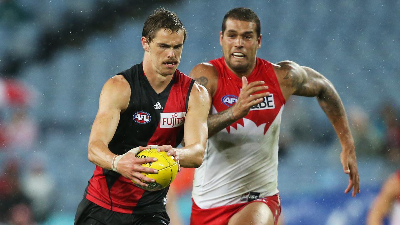 Sydney forward Lance Franklin chases a young Joe Daniher in 2015.