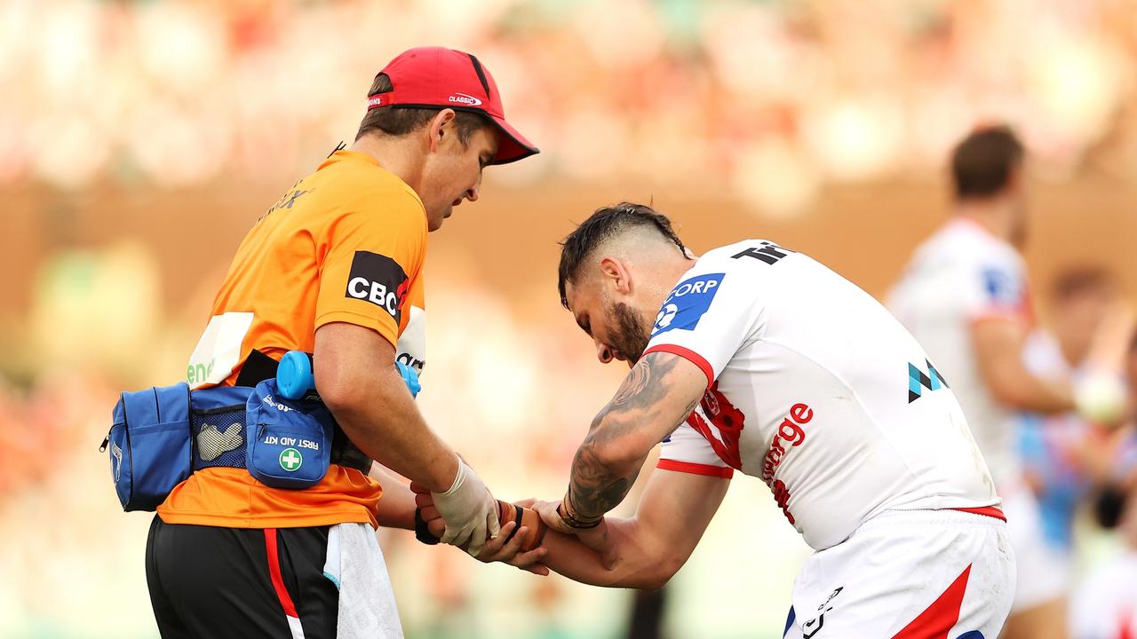 Jack Bird winces in pain after being tackled. Picture: Mark Kolbe/Getty