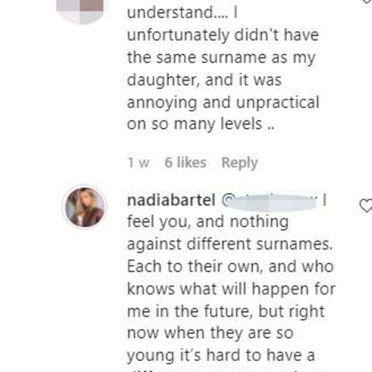 Many came to her defence with Nadia also commenting – ‘who knows what will happen in the future’. Picture: Instagram/NadiaBartel