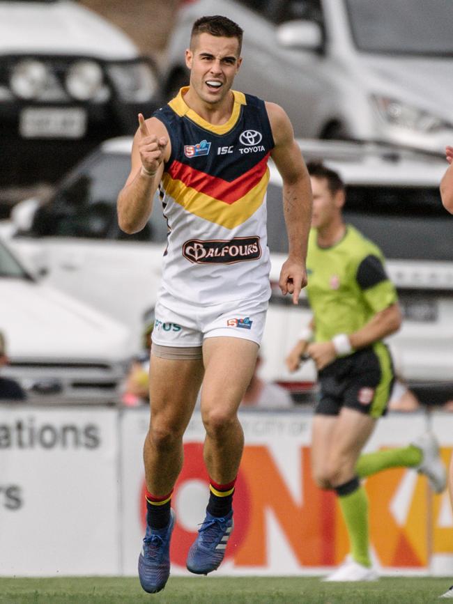 Adelaide player Myles Poholke reacts after scoring a goal during the South Adelaide versus Adelaide at Noarlunga Oval. Picture: AAP Image/Morgan Sette