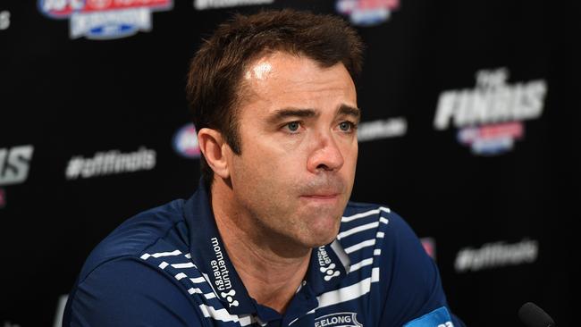 Geelong coach Chris Scott at a press conference after the team’s qualifying final loss to Richmond. (AAP Image/Julian Smith)