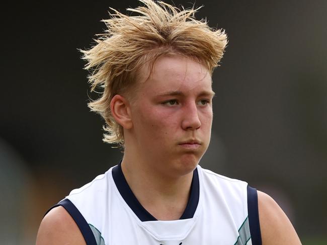 PERTH, AUSTRALIA - JUNE 29: Alixzander Tauru of VIC Country looks to pass the ball during the Marsh AFL National Championships match between U18 Boys Western Australia and Victoria Country at Revo Fitness Stadium on June 29, 2024 in Perth, Australia. (Photo by Will Russell/AFL Photos/via Getty Images)