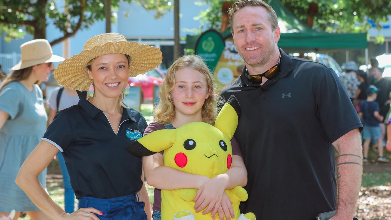 Tatiana Hoffmann with Navaeh and Chris Martin at the Darwin Festival’s Teddy Bears Picnic on the Esplanade. Picture: Glenn Campbell