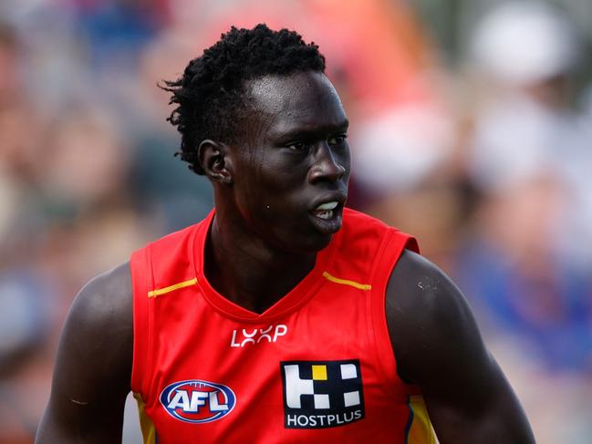 ADELAIDE, AUSTRALIA - APRIL 07: Mac Andrew of the Suns in action during the 2024 AFL Round 04 match between the Gold Coast SUNS and GWS GIANTS at Adelaide Hills - Mt Barker on April 07, 2024 in Adelaide, Australia. (Photo by Dylan Burns/AFL Photos via Getty Images)