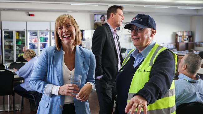 The NSW Transport Minister Jo Haylen and independent MP for Wakehurst, Michael Regan (centre), speak with drivers including Allan Hodgson at the Keolis Downer bus depot at Brookvale on Friday. Picture: NSW Government