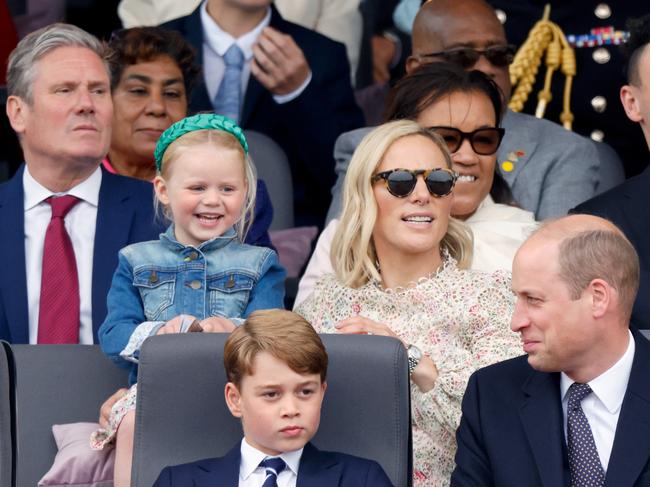 Zara Tindall, with daughter Leni, sits behind Prince William and Prince George at the Platinum Jubilee celebrations. Picture: Getty