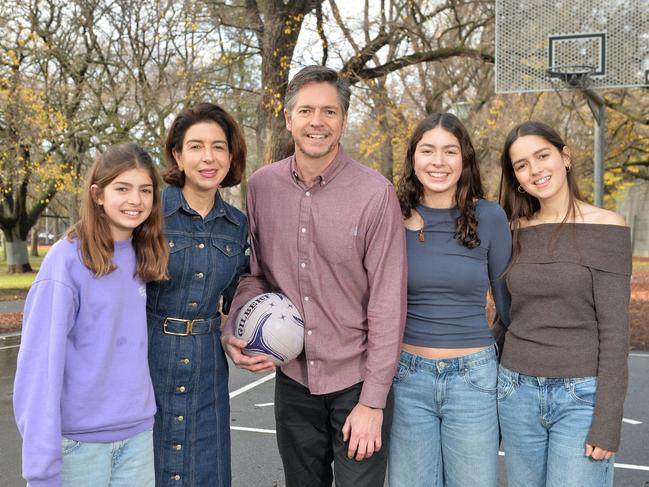 Mr Reece with his wife, Felicity Pantelidis, and their daughters at Carlton Gardens. Picture: Josie Hayden