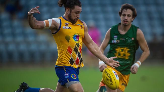 NTFL qualifying final: St Mary's v Wanderers at TIO Stadium. Brenton Motlop about to put boot to ball.Photograph: Che Chorley