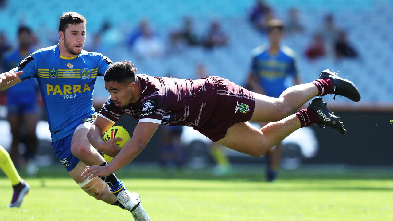 Keith Titmuss scores the winning try in the 2017 Holden Cup U20's Grand Final. Picture: Brett Costello