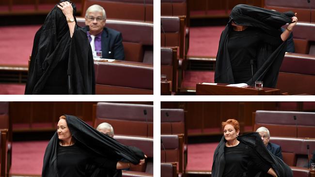 Pauline Hanson’s burqa stunt stunned the nation. Picture: AAP 