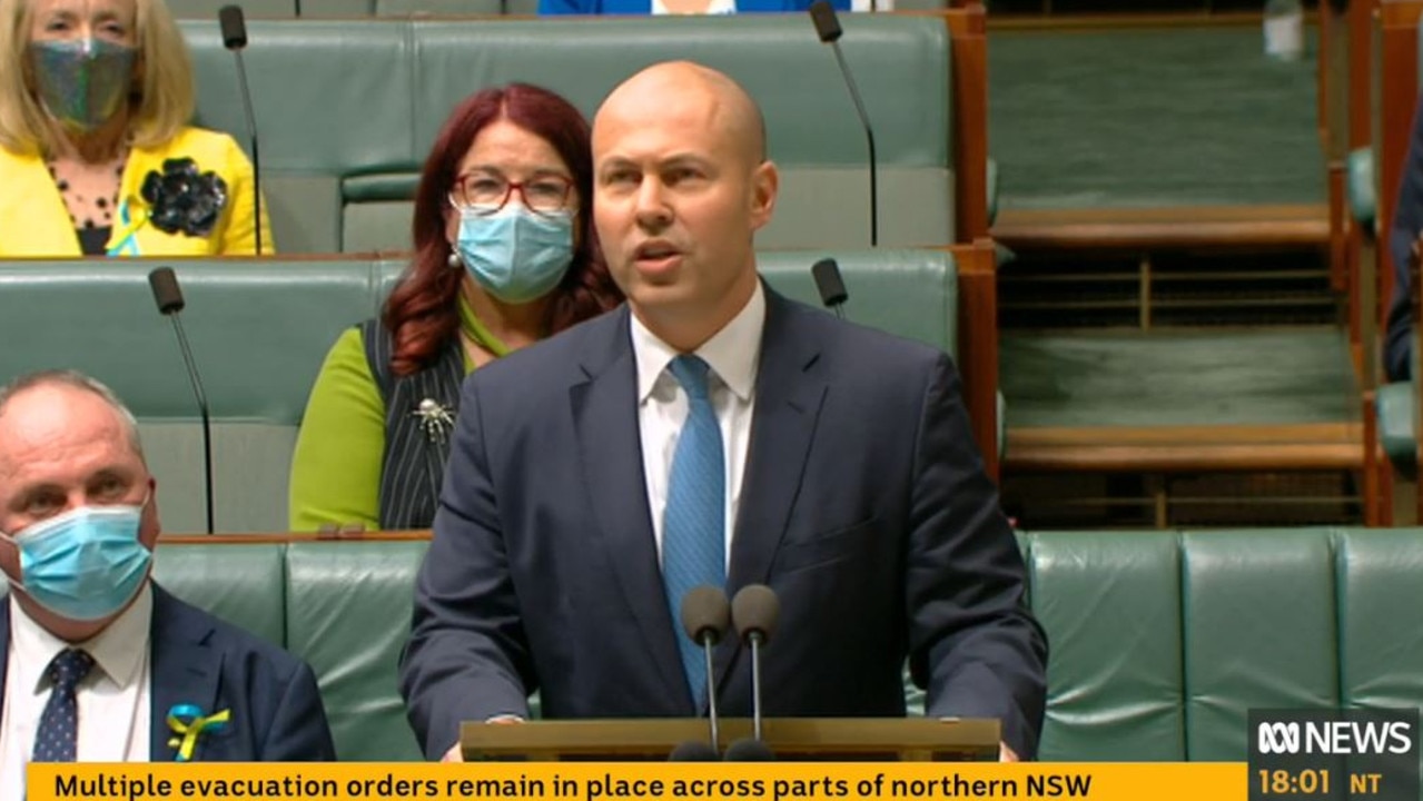 Treasurer Josh Frydenberg delivering his budget night speech. Picture: ABC