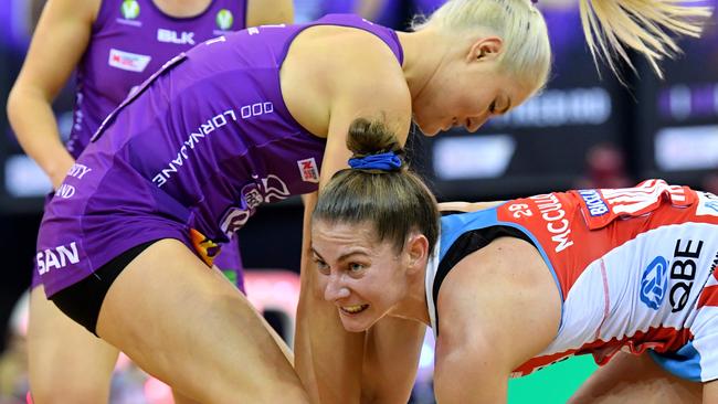 Gretel Tippett and Abbey McCulloch battling for teh ball last season.