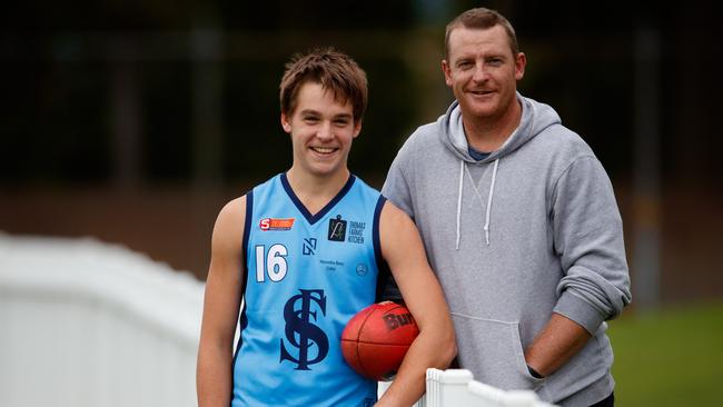 Brisbane father-son prospect Casey Voss with his champion dad, Michael. Picture: Matt Turner