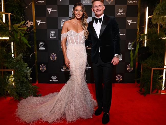 Adam Treloar of the Western Bulldogs and partner Kim Ravaillion. Picture: Quinn Rooney/Getty Images