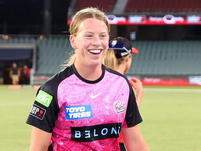 ADELAIDE, AUSTRALIA - OCTOBER 27: Caoimhe Bray of the Sydney Sixers and Sarah Bryce of the Sydney Sixers walk off after the win during the WBBL match between Melbourne Renegades and Sydney Sixers at Adelaide Oval on October 27, 2024, in Adelaide, Australia. (Photo by Sarah Reed/Getty Images)