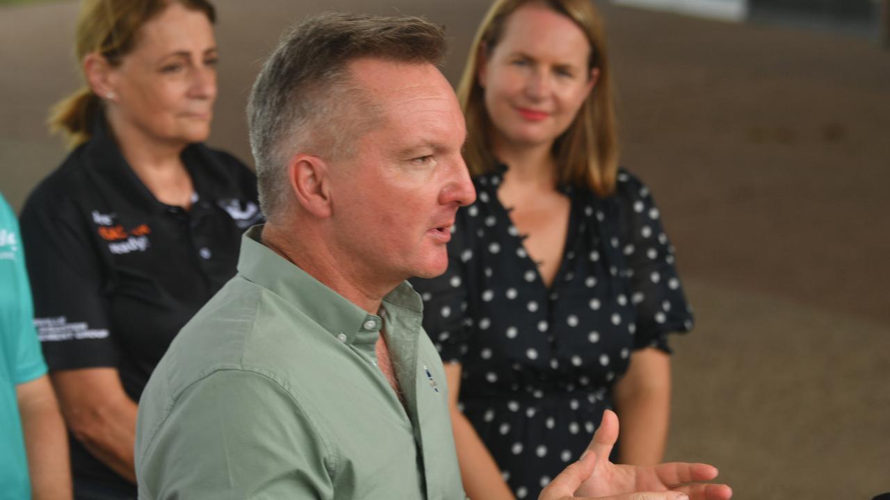 Energy Minister Chris Bowen at the Townsville Quayside Terminal announces Townsville’s significance in the world’s resources and renewable markets, as Townsville Mayor Jenny Hill and Senator Nita Green listens. Picture: Evan Morgan