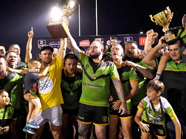 Palmerston Raiders players and fans celebrate winning the NRLNT Grand Final 2022. Picture: (A)manda Parkinson