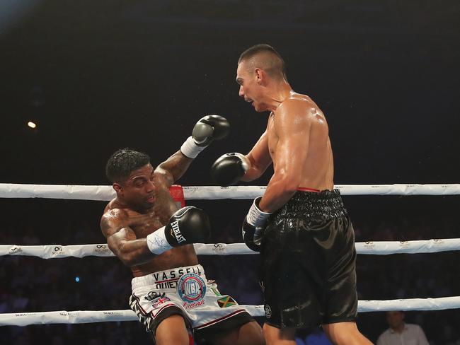 Tim Tszyu wins his fight against Denton Vassell during the Star of the Ring boxing night at the Horden Pavilion, Sydney. Picture: Brett Costello