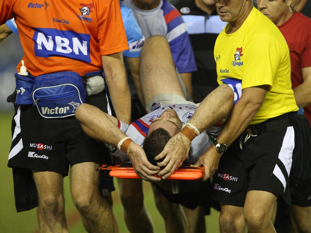 Cameron Ciraldo is carried from the field after suffering a gruesome leg injury.