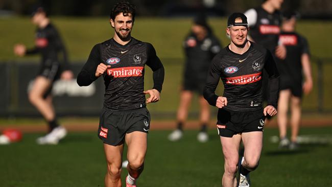 Josh Daicos and John Noble at training on Wednesday. Picture: Daniel Pockett/Getty Images